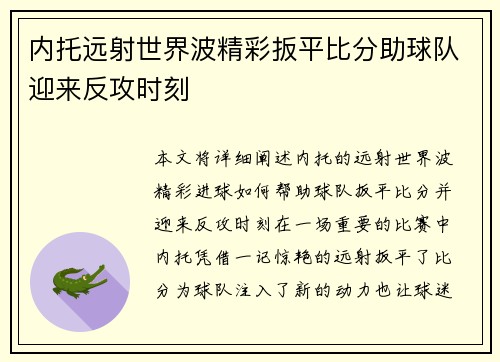 内托远射世界波精彩扳平比分助球队迎来反攻时刻 内托远射世界波精彩扳平比分助球队迎来反攻时刻